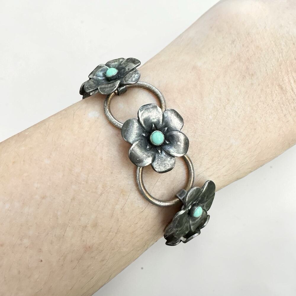 Vintage Mexican Style Floral Turquoise Link Bracelet Flower Silver Southwestern